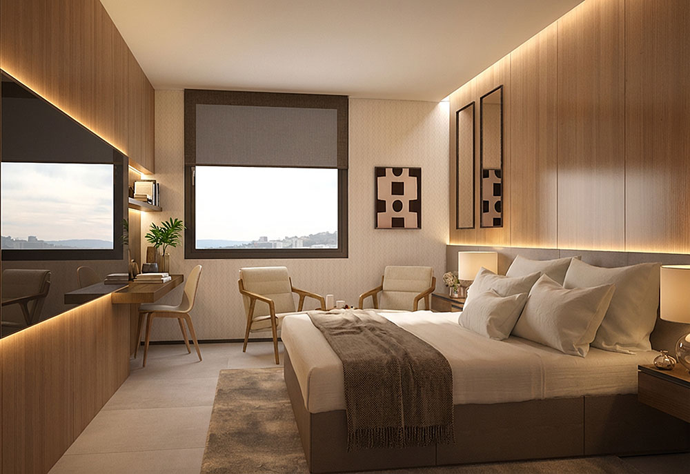 Render 3D de habitación de lujo con vistas panorámicas del Hotel Sofia Barcelona - estudibasic