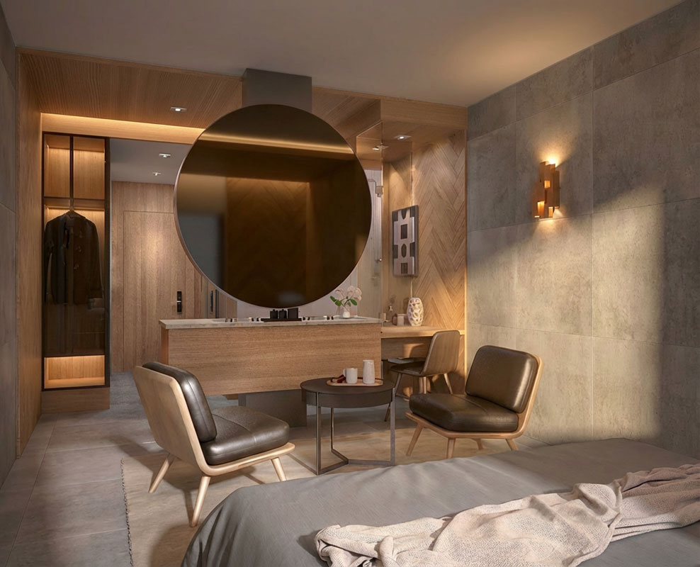Render 3D de suite con lavabo en isla y espejo colgante redondo del Hotel Sofia Barcelona - estudibasic