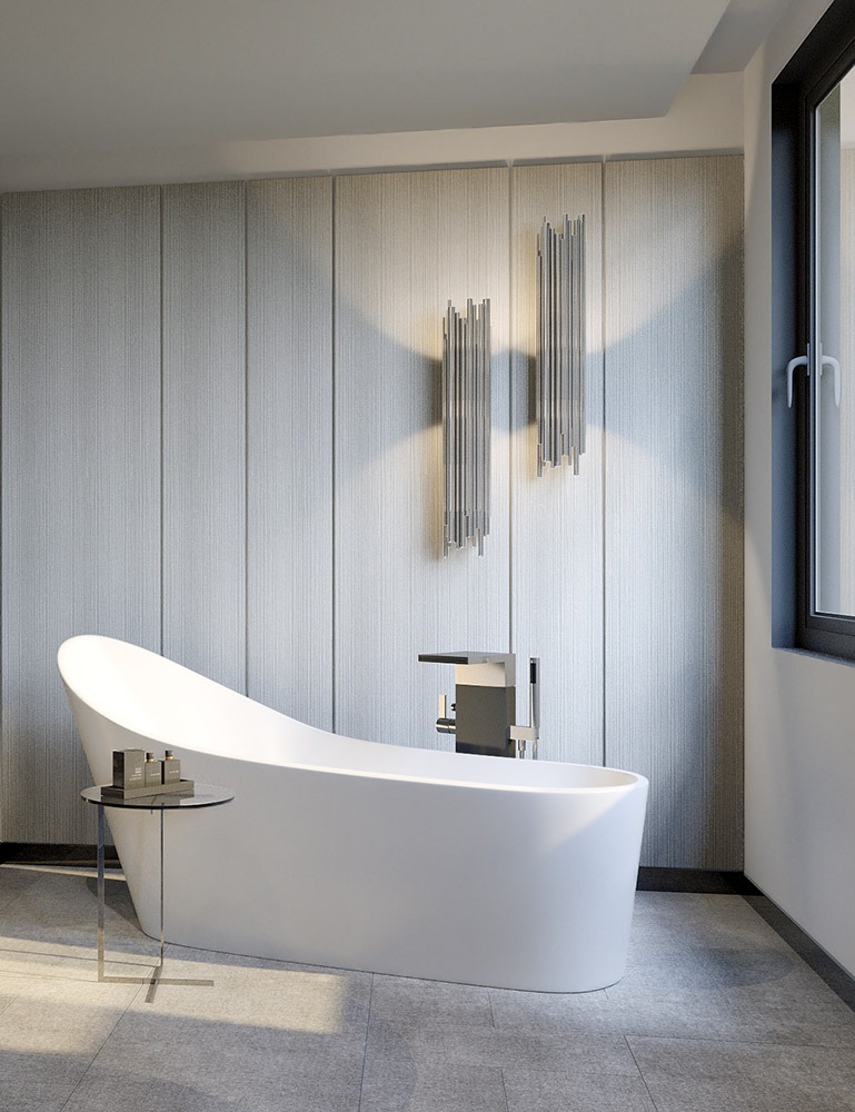 Render 3D de bañera con vistas panorámicas de suite de lujo del Hotel Sofia Barcelona - estudibasic