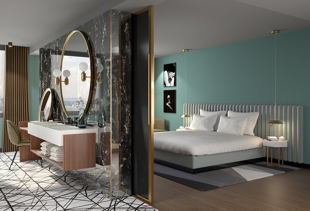Render 3D de habitación de lujo comunicada con baño suite del Hotel Sofia Barcelona - estudibasic