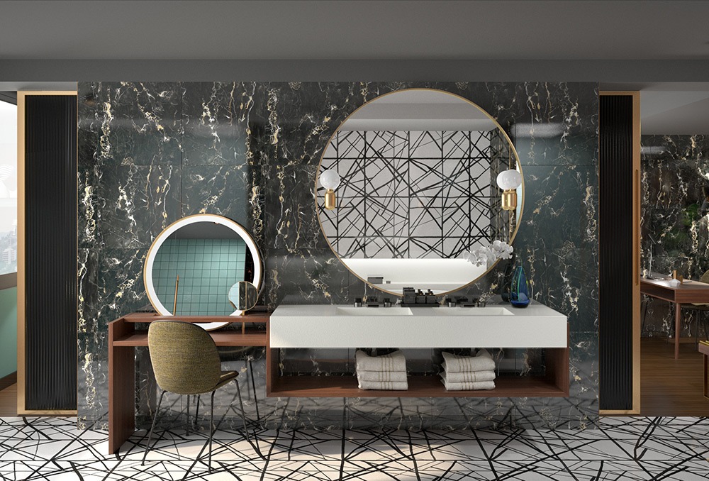 Render 3D de baño suite de lujo con tocador de habitación del Hotel Sofia Barcelona - estudibasic