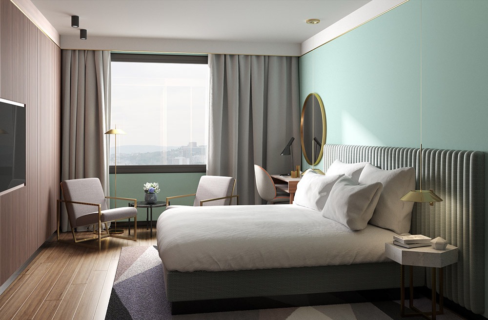 Render 3D de habitación del Hotel Sofia con vistas a Barcelona - estudibasic