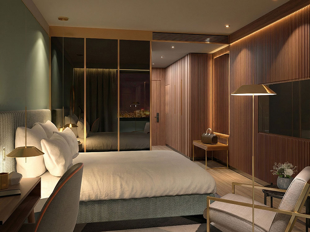 Render 3D de habitación con iluminación de noche del Hotel Sofia Barcelona - estudibasic