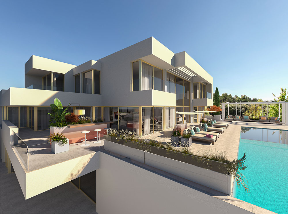 Infografía 3D fotorrealista de villa de lujo y piscina infinity en Marbella - estudibasic