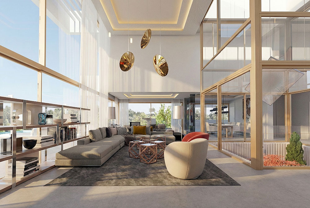 Visualización 3D de interiorismo y diseño de espacio de villa en Marbella - estudibasic