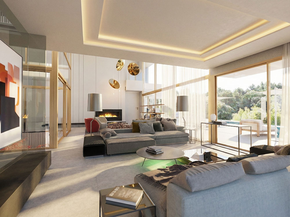 Render 3D de interiorismo y diseño de sala de estar en villa en Marbella - estudibasic