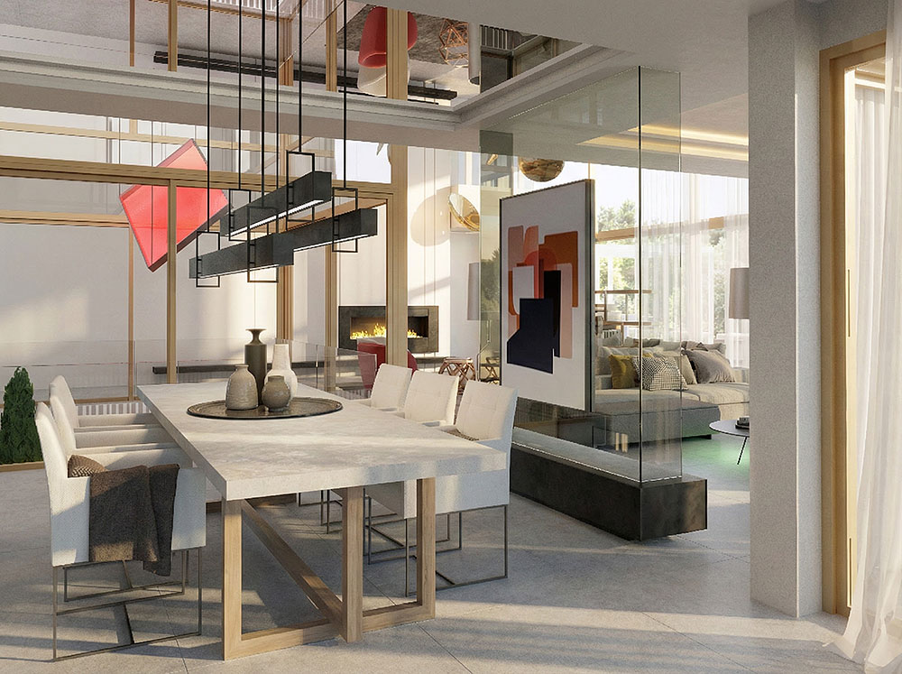 Render 3D de interiorismo y diseño de comedor en villa en Marbella - estudibasic