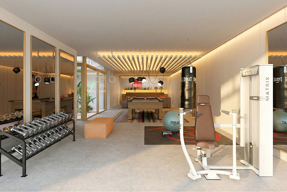 Render 3D de interiorismo y diseño de sala de fitness en villa en Marbella - estudibasic