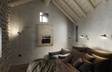 Render 3D de diseño de interiores para rehabilitación de casa de piedra en el Pirineo francés - estudibasic