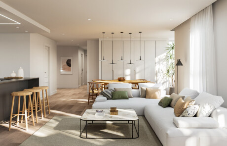Render 3D fotorrealista de salón cocina comedor de reforma de vivienda en Zarautz - estudibasic