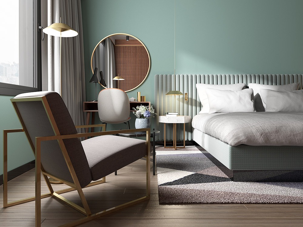 Render 3D de butaca de habitación del Hotel Sofia Barcelona - estudibasic