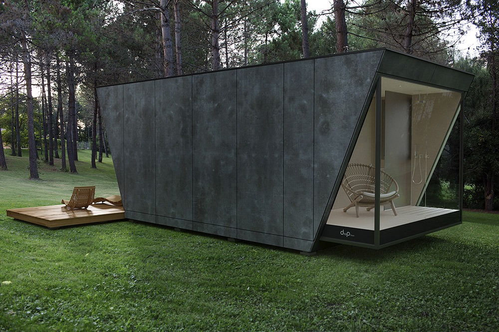 Render de arquitectura 3D de suite modular de hotel en un prado