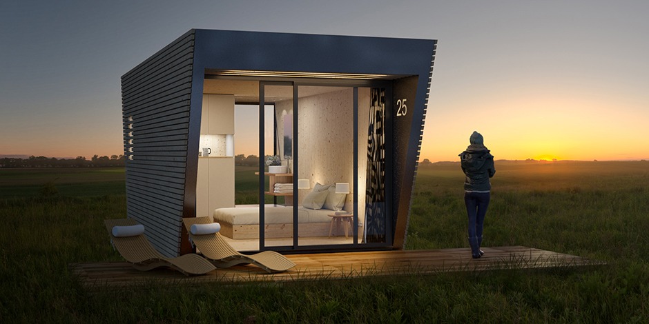 Render de arquitectura 3D de suite modular de hotel de madera con puesta de sol