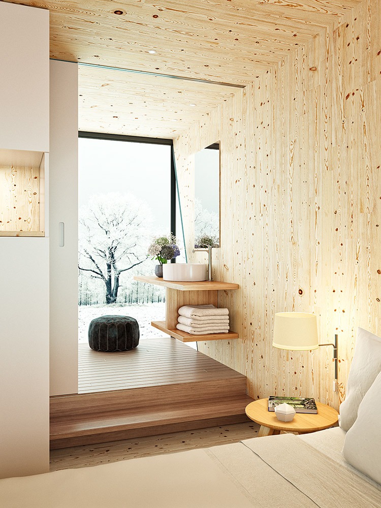 Render de arquitectura 3D de suite modular de hotel interior acceso a baño panorámico