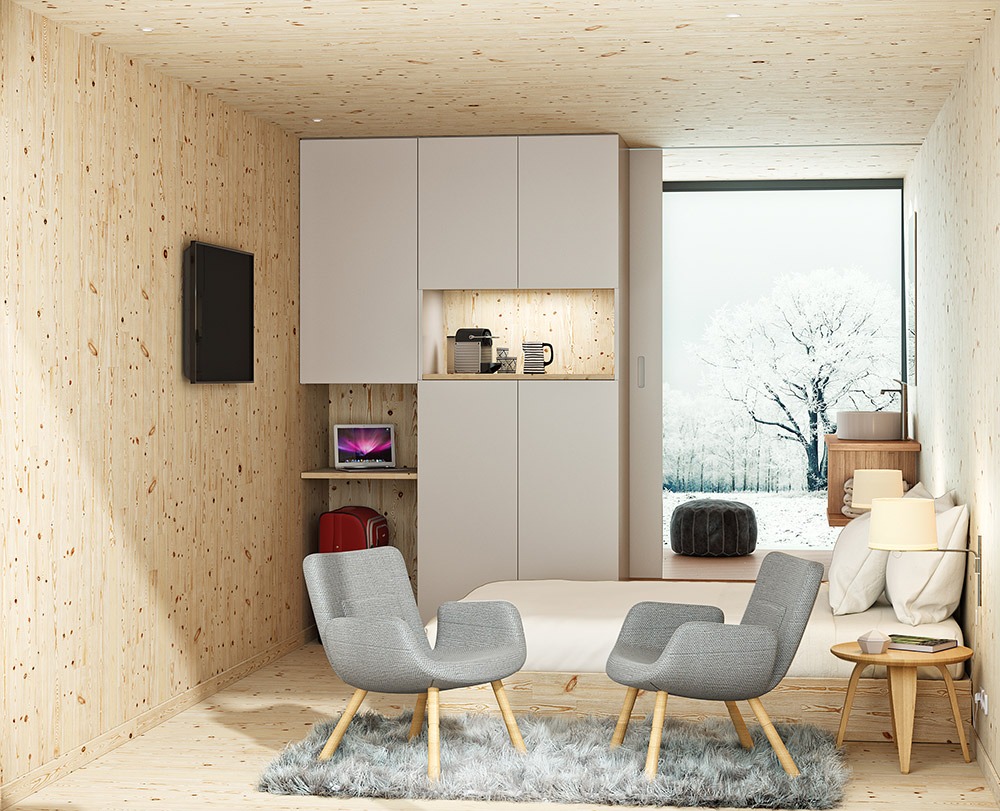 Render de arquitectura 3D de suite modular de hotel interior madera