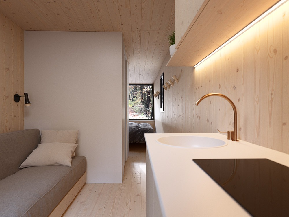 Render de arquitectura 3D de cocina interior de suite modular de hotel en la naturaleza