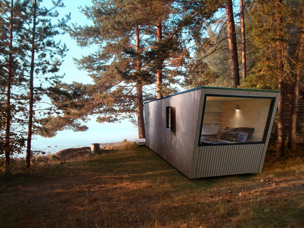 Render de arquitectura 3D de pequeña suite modular colgante de hotel en el bosque