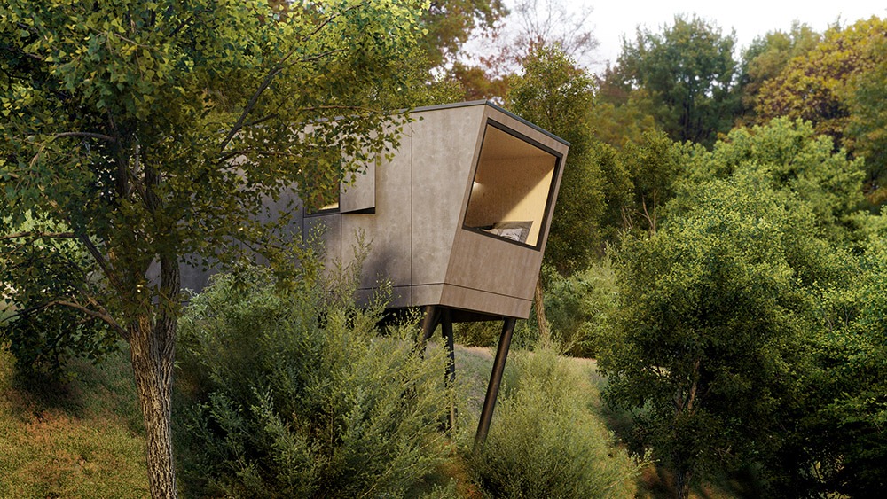 Render de arquitectura 3D de pequeña suite modular colgante de hotel en la naturaleza