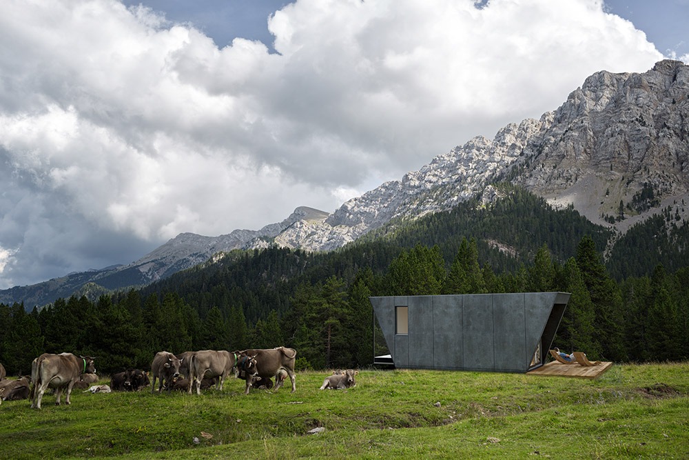 Render de arquitectura 3D de suite modular de hotel junto a vacas