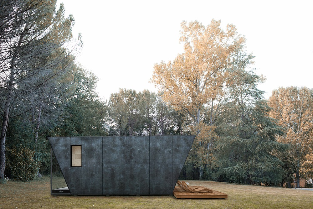 Render de arquitectura 3D de suite modular de hotel en un prado en otoño