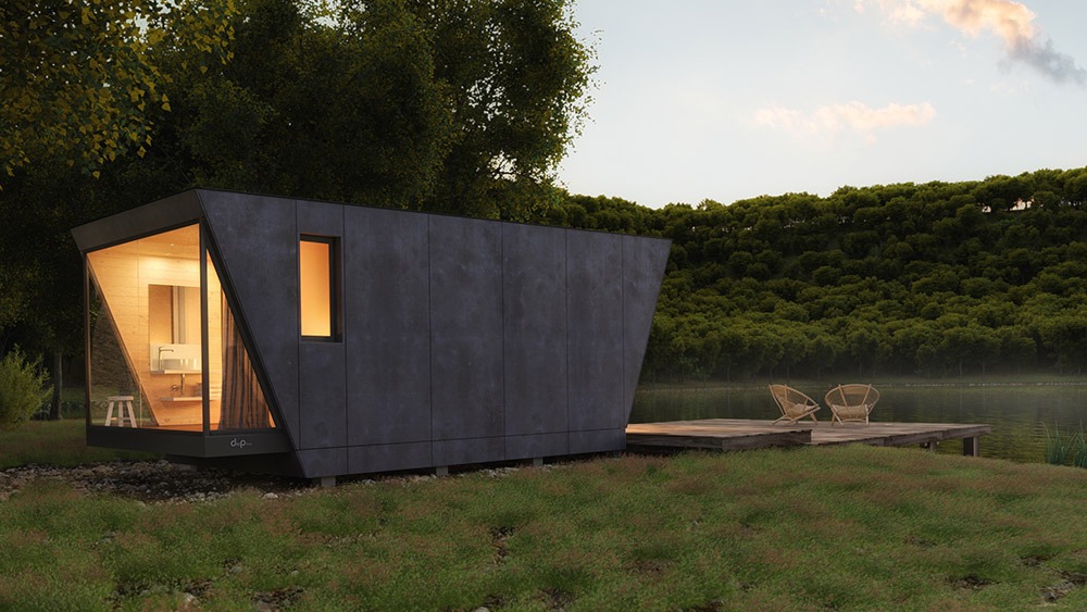 Render de arquitectura 3D de suite modular de hotel en un lago por la tarde