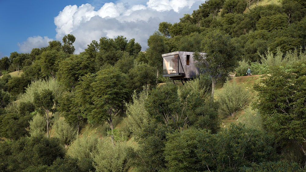 Render de arquitectura 3D de suite modular de hotel integrada en la naturaleza