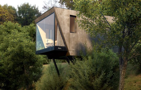 Render de arquitectura 3D de suite modular de hotel integrada en la naturaleza