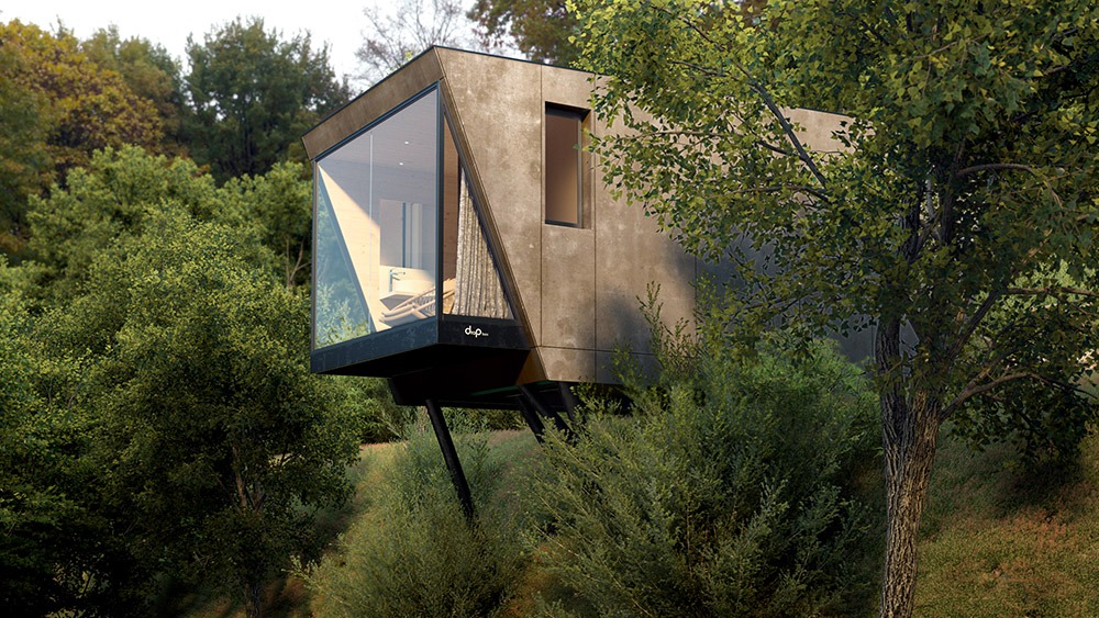 Render de arquitectura 3D de suite modular de hotel integrada en la naturaleza