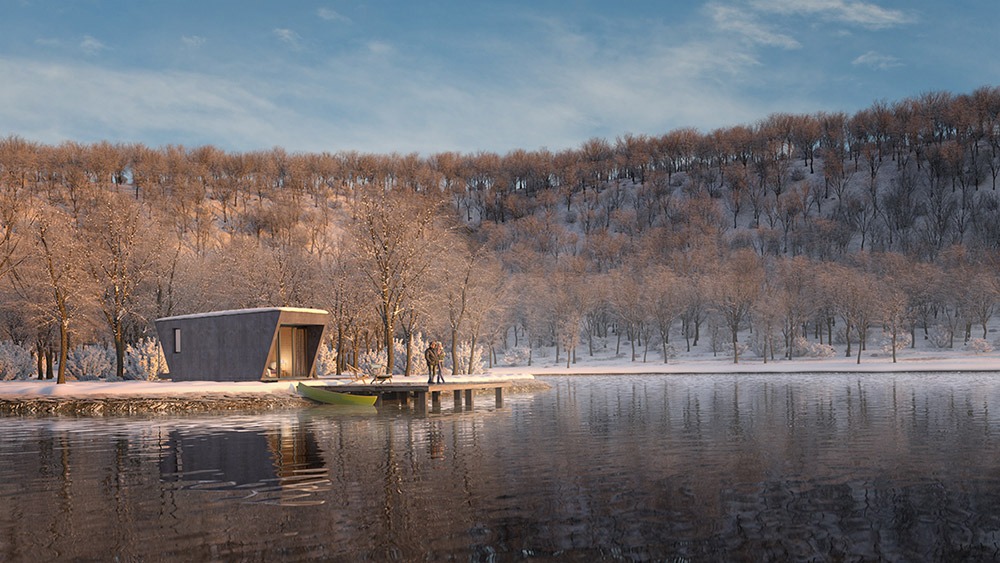 Render de arquitectura 3D de suite modular de hotel en un lago en invierno