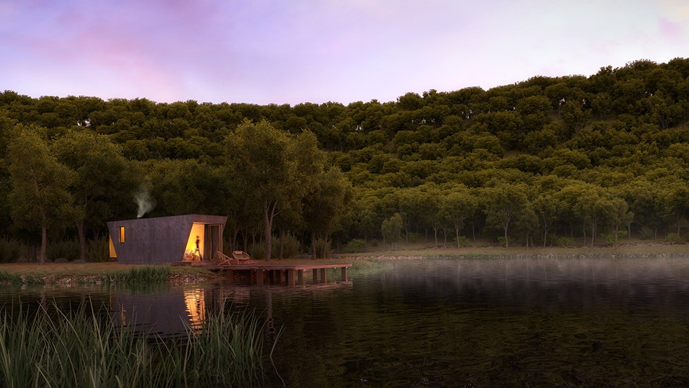 Render de arquitectura 3D de suite modular de hotel en un lago al atardecer