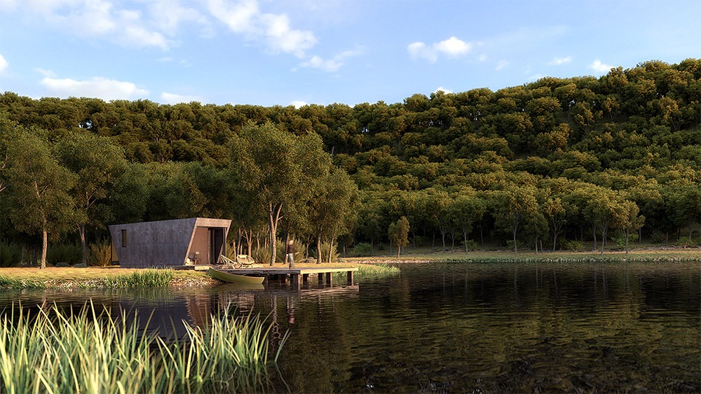 Render de arquitectura 3D de suite modular de hotel en un lago en primavera