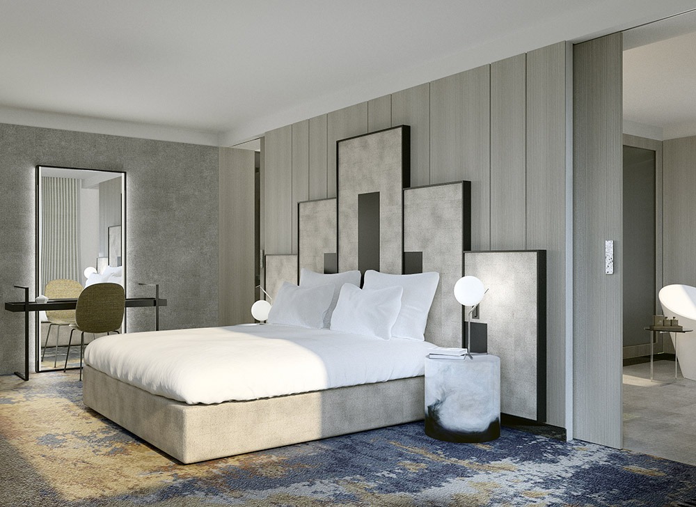 Render 3D de suite de lujo con gran cabecero y escritorio con espejo del Hotel Sofia Barcelona - estudibasic