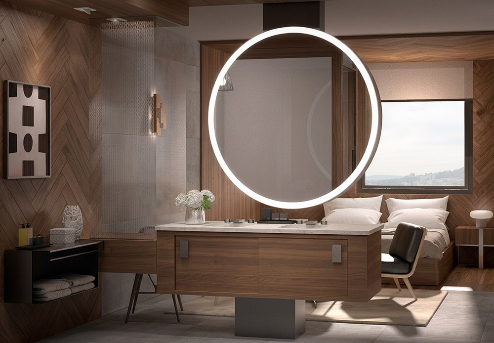 Render 3D de mueble de lavabo en isla y espejo colgante del Hotel Sofia Barcelona - estudibasic