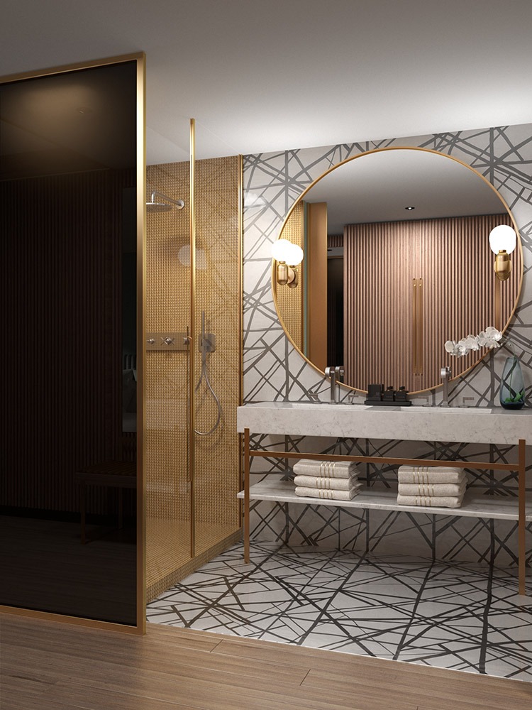 Render 3D de baño de suite de lujo con lavabo abierto y cabina de ducha del Hotel Sofia Barcelona - estudibasic