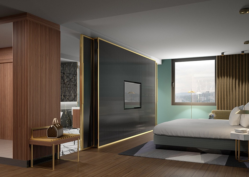 Render 3D de habitación de lujo con televisión panorámica del Hotel Sofia Barcelona - estudibasic