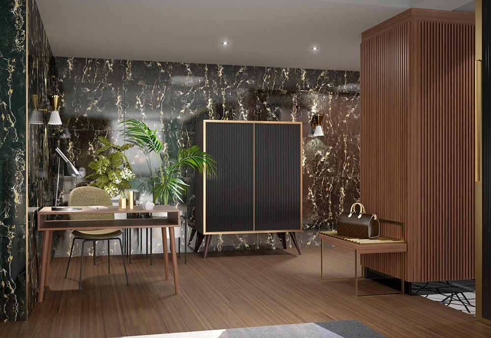 Render 3D de habitación con zona de escritorio y mueble bar del Hotel Sofia Barcelona - estudibasic