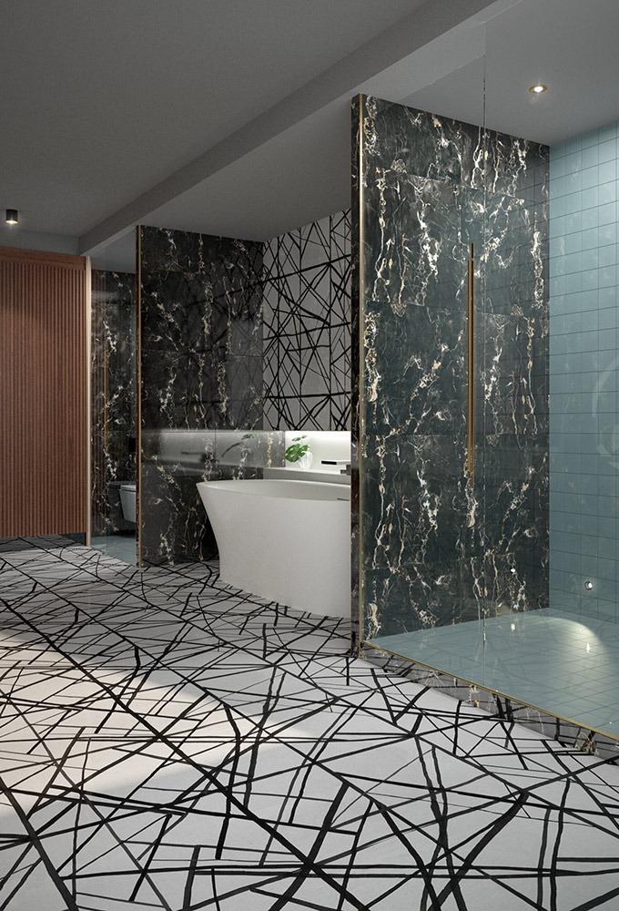Render 3D de baño suite de lujo con bañera y ducha de habitación del Hotel Sofia Barcelona - estudibasic