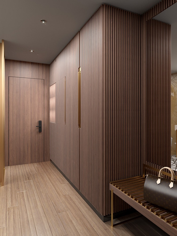 Render 3D de habitación de lujo con zona de vestidor del Hotel Sofia Barcelona - estudibasic