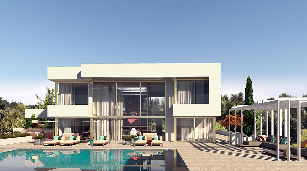 Render 3D fotorrealista de fachada posterior y piscina infinity en Marbella - estudibasic
