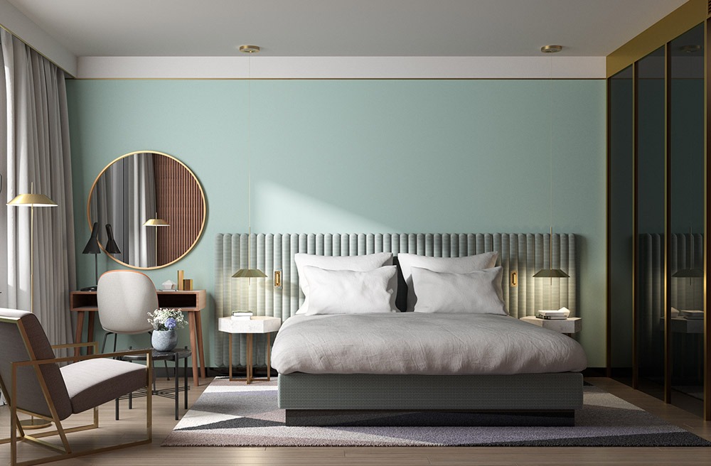 Render 3D de habitación de lujo con cama king y cabezal textil acolchado del Hotel Sofia Barcelona - estudibasic