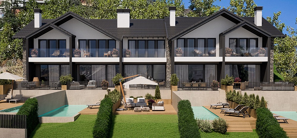 Render 3D exterior de viviendas adosadas con jardín y piscina de complejo residencial en Jaca – estudibasic
