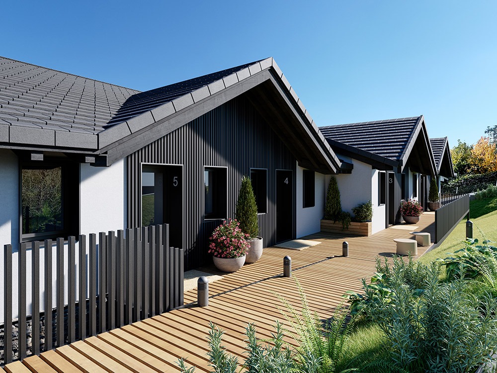 Render 3D exterior de zona común de acceso a viviendas adosadas de complejo residencial en Jaca – estudibasic