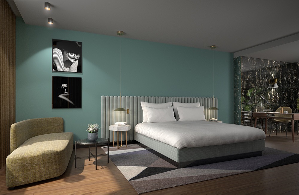 Render 3D de habitación con iluminación de ambiente del Hotel Sofia Barcelona - estudibasic
