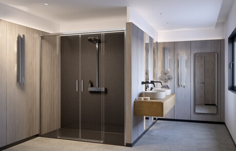 Infografía 3D de mampara con correderas para baño - estudibasic
