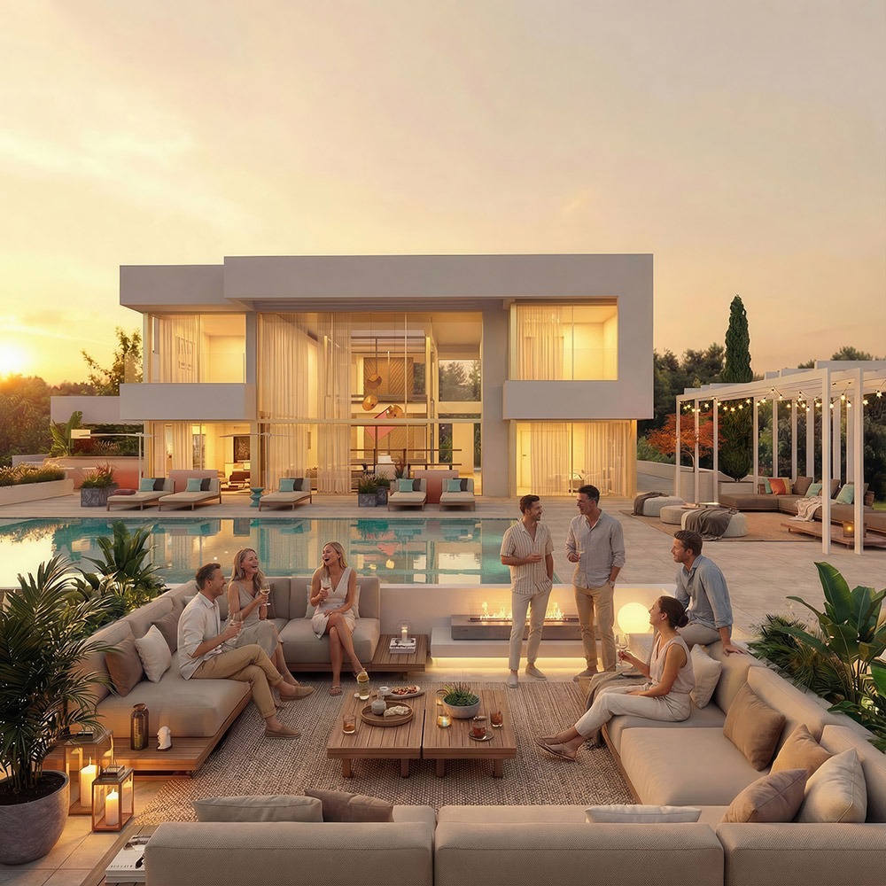 Render 3D fotorrealista de villa de lujo con piscina y cill out con gente de fiesta en Marbella - estudibasic