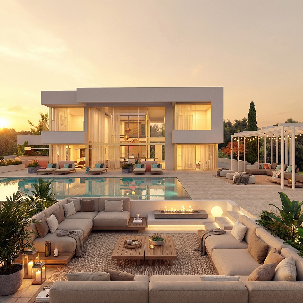 Render 3D fotorrealista de villa de lujo con piscina y chill out en Marbella - estudibasic
