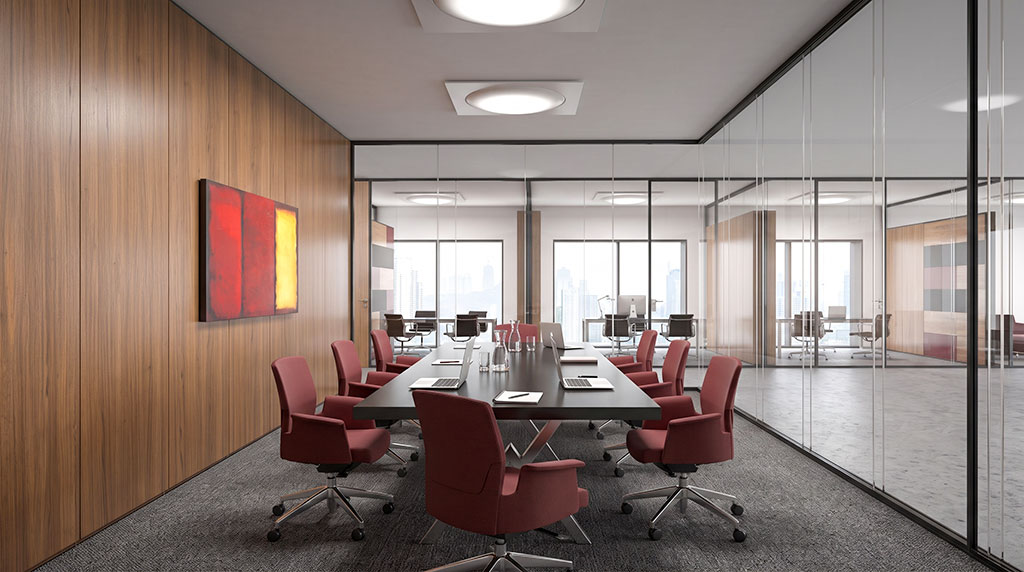 Render 3d de mamparas divisorias de oficina sala de reuniones - estudibasic